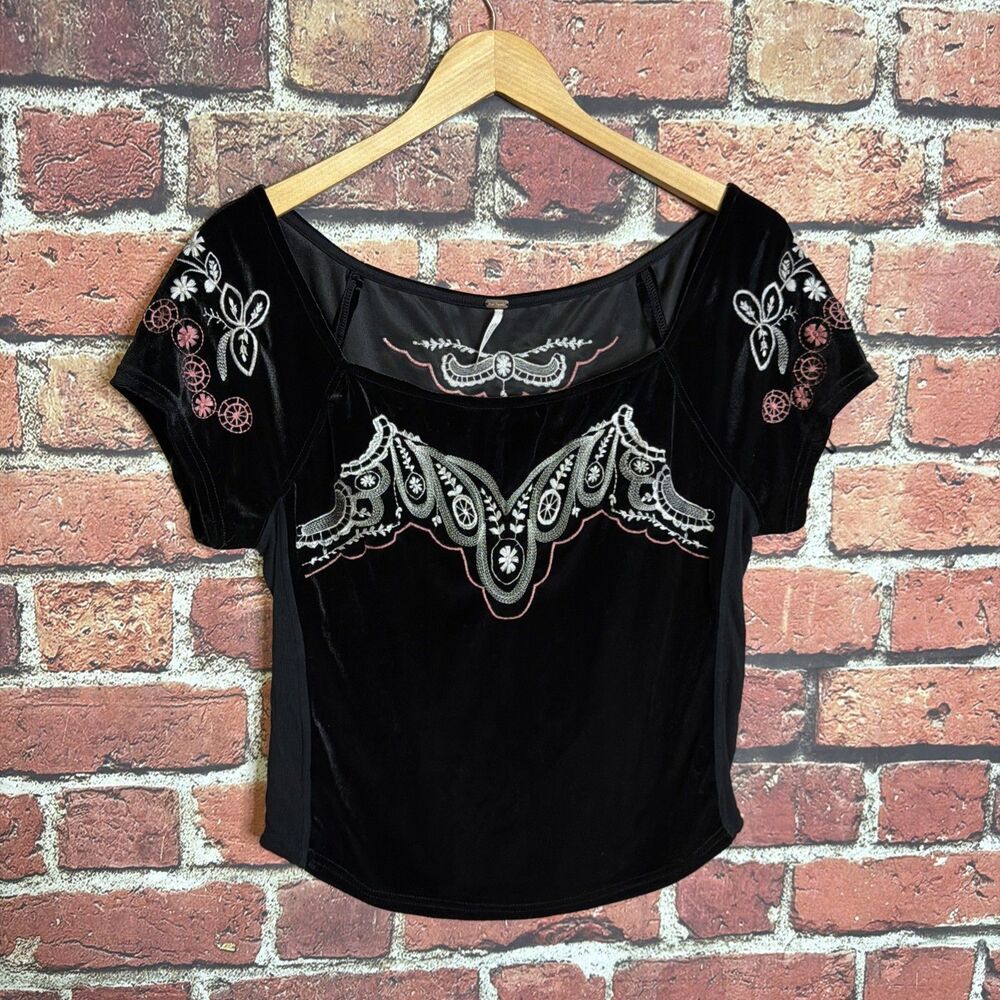 Free People Party Train Embroidered Black Velvet Boat Neck Shirt Top Women L